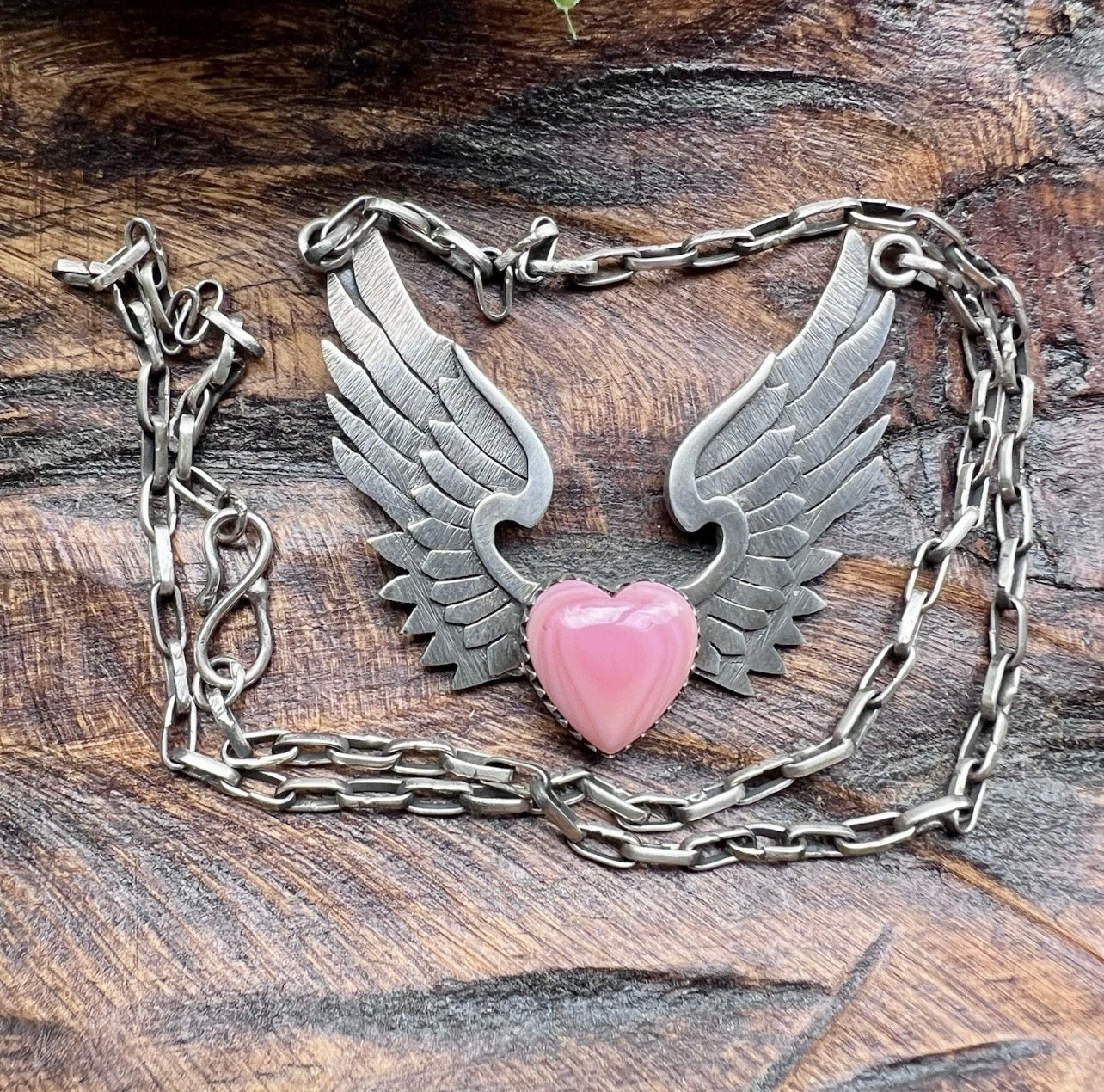 Sterling Silver Queen Conch Heart & Wings Necklace – Handcrafted Southwestern Statement