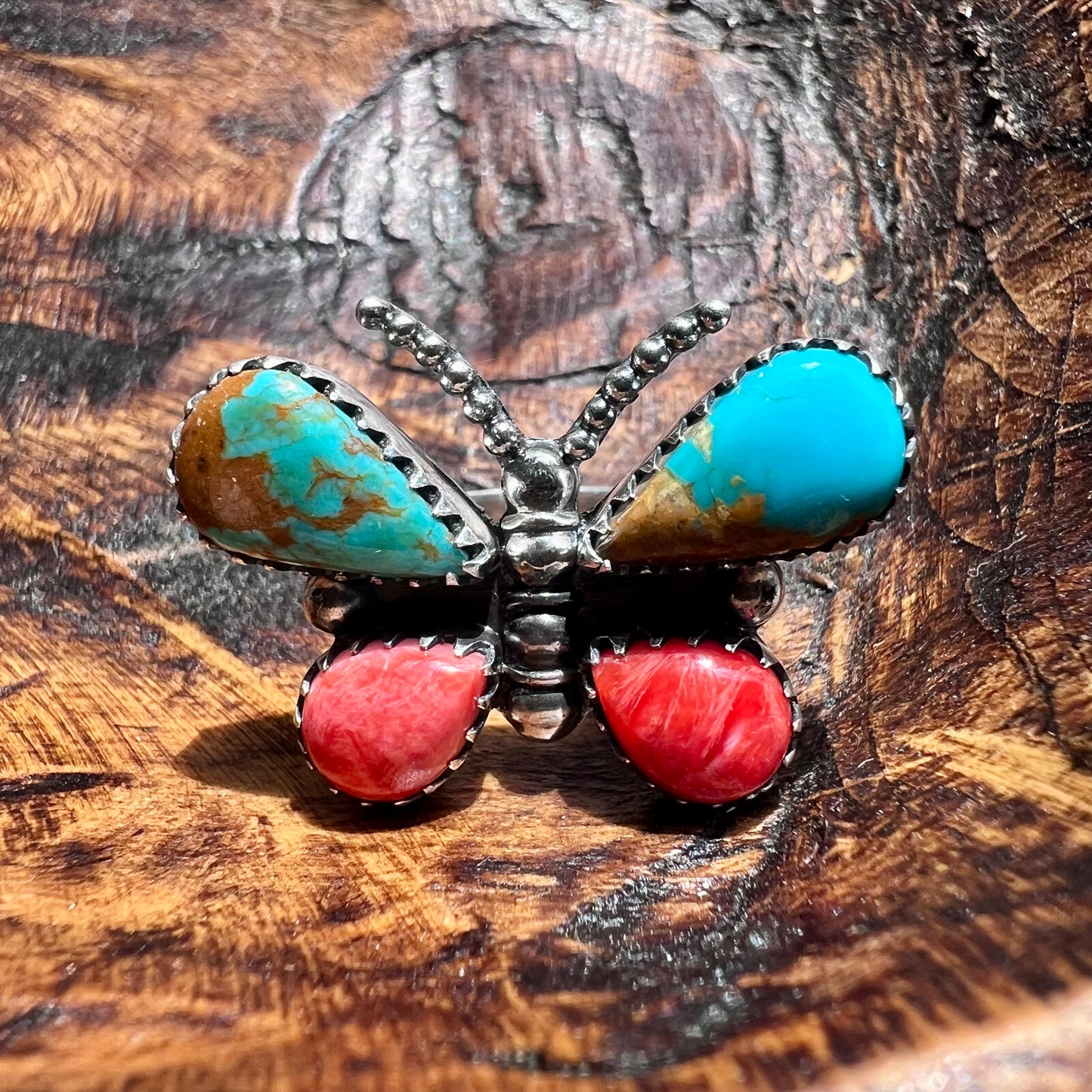 Kingman Turquoise & Spiny Oyster Butterfly Ring – Sterling Silver Statement (Size 9)
