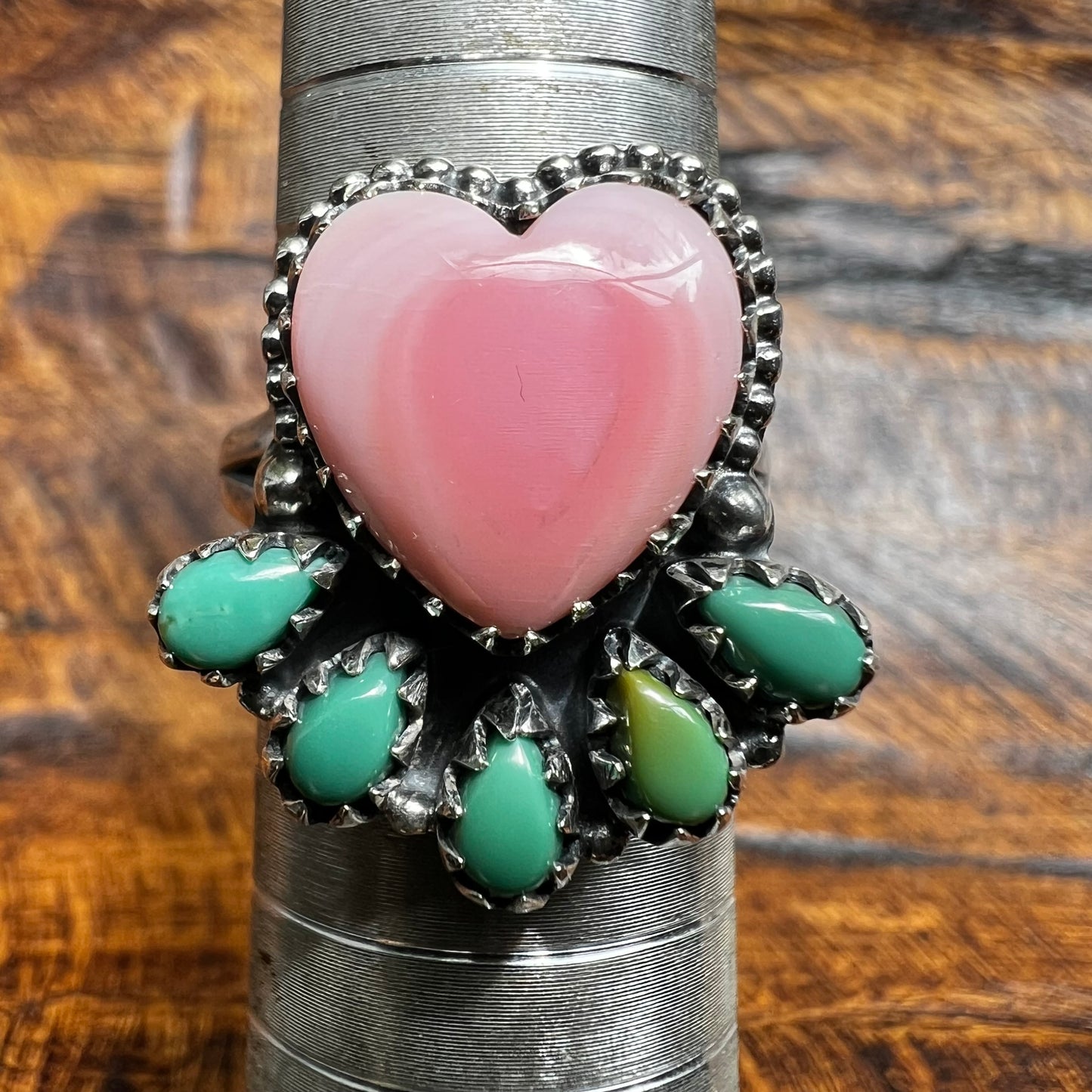 Pink Conch Heart & Kingman Turquoise Cluster Ring