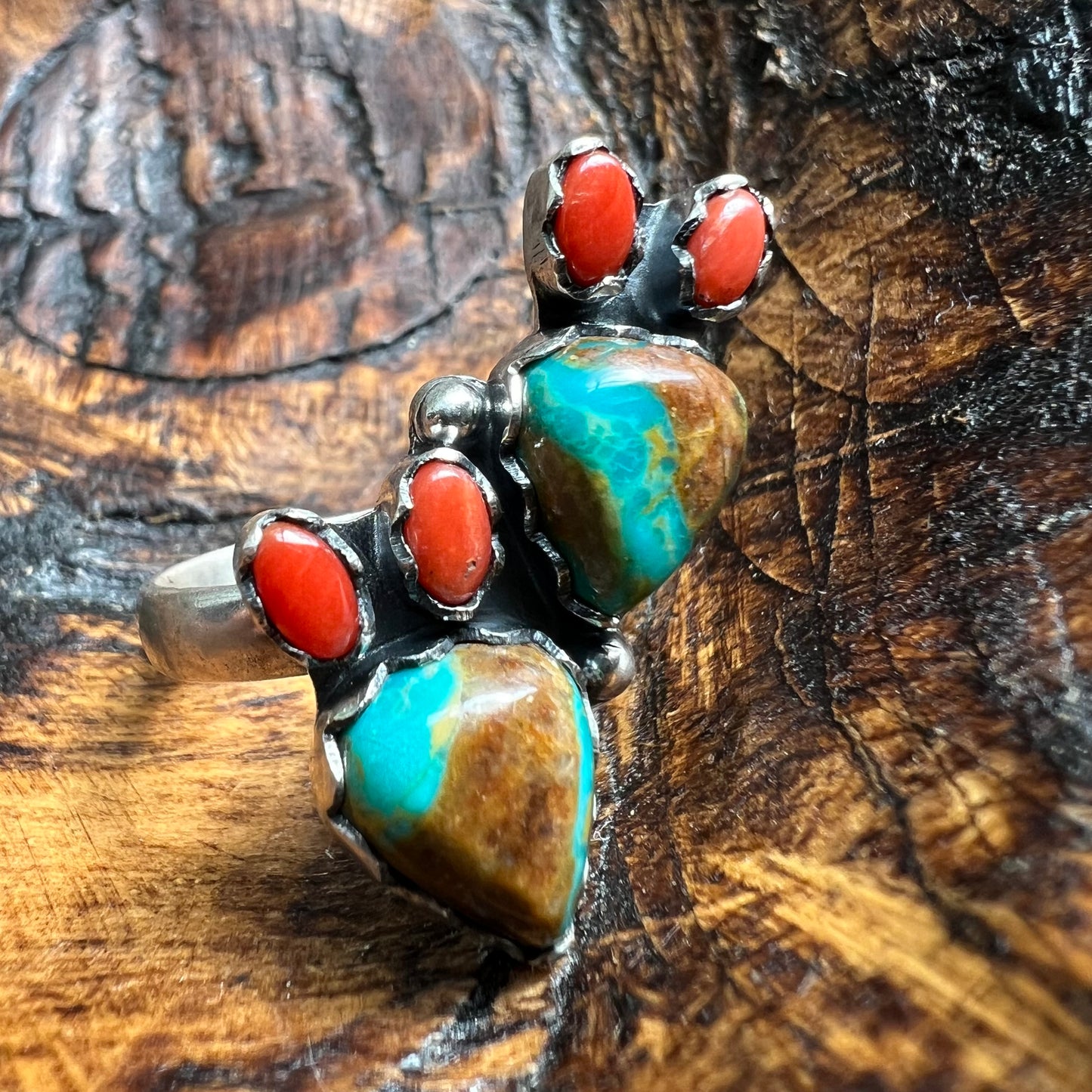 Sterling Royston Turquoise Red Coral Cactus Ring Adjustable Size 8