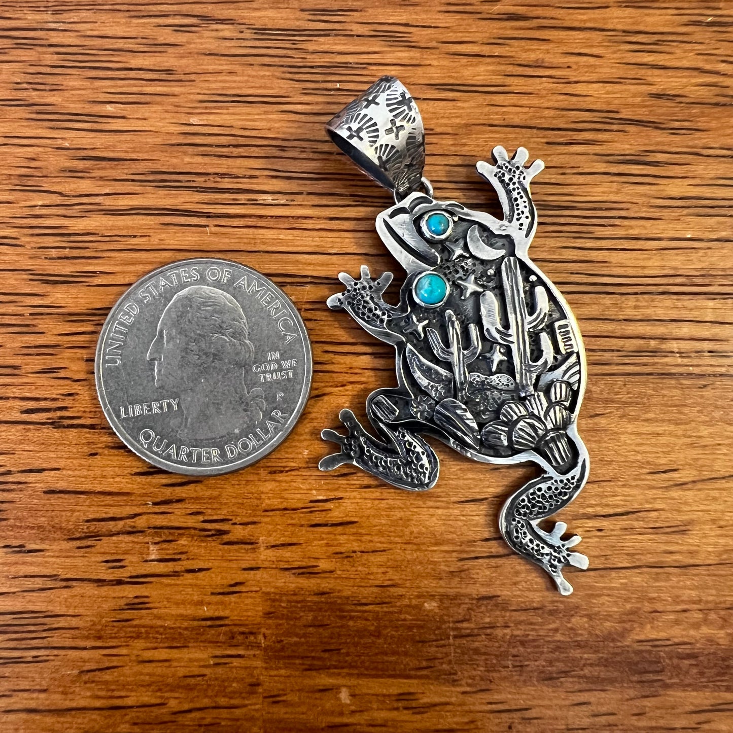 Storyteller Frog Pendant in Sterling Silver with Kingman Turquoise