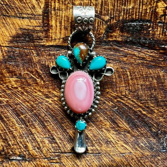 Pink Conch & Kingman Turquoise Squash Blossom Pendant – Sterling Silver