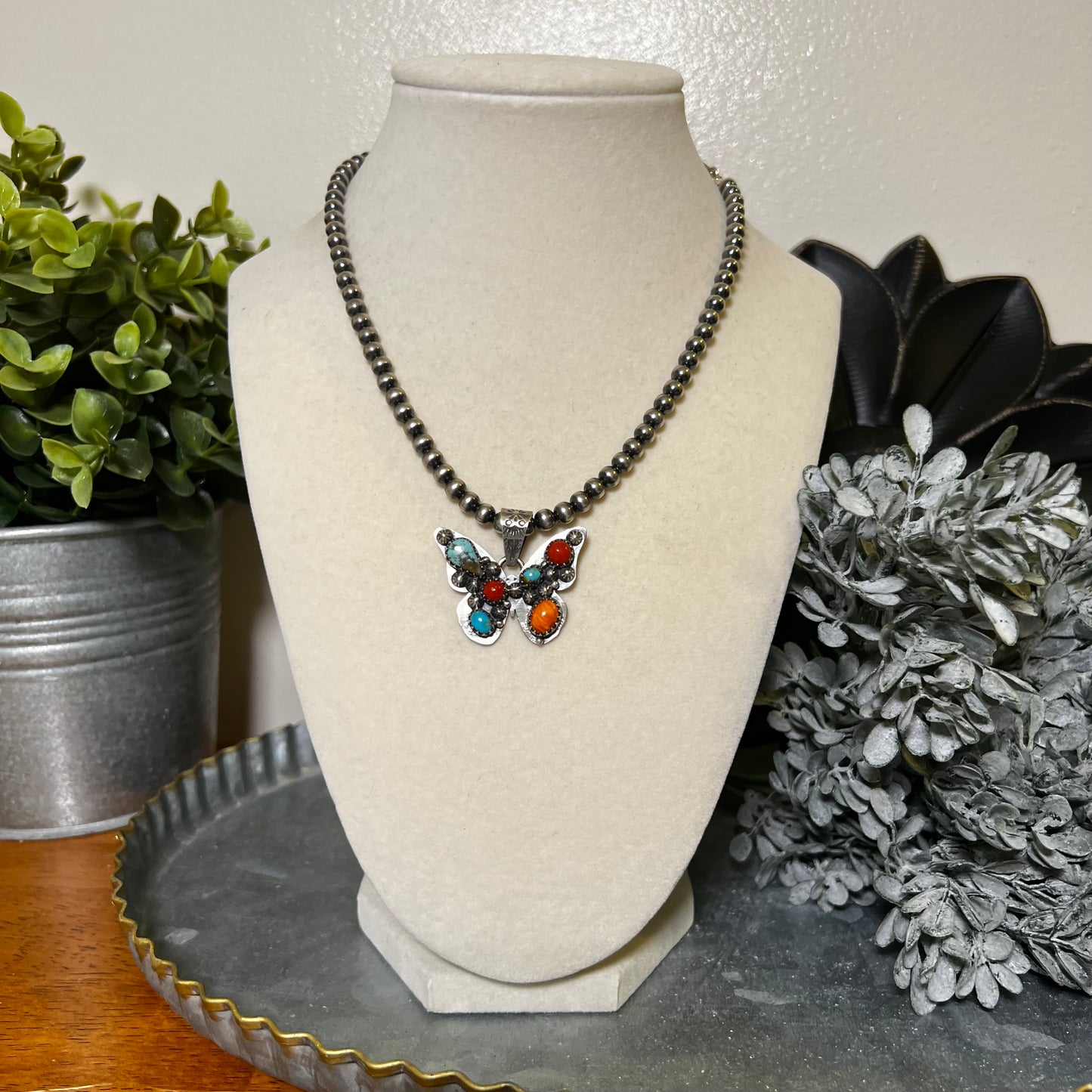 Sterling Silver Multi-Stone Butterfly Pendant – Kingman Turquoise, Italian Red Coral & Spiny Oyster