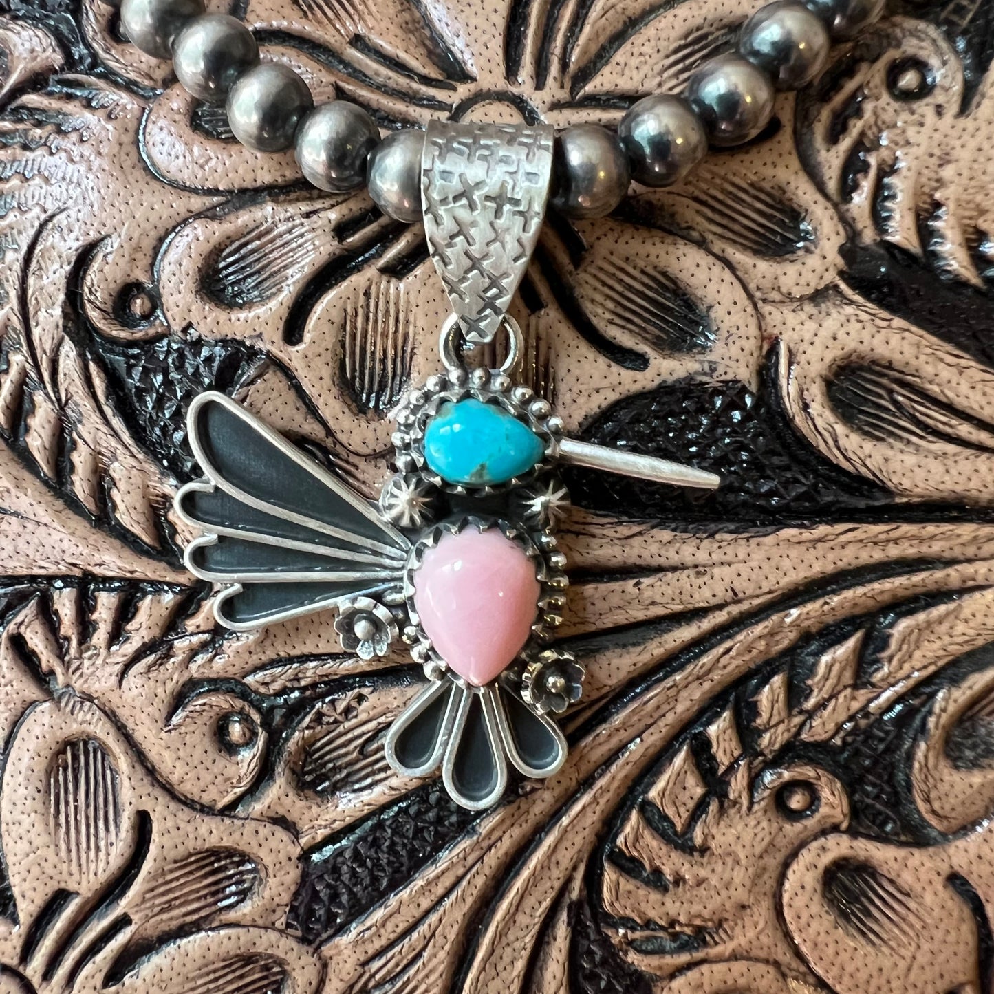 Sterling Silver Kingman Turquoise Queen Conch Hummingbird Pendant