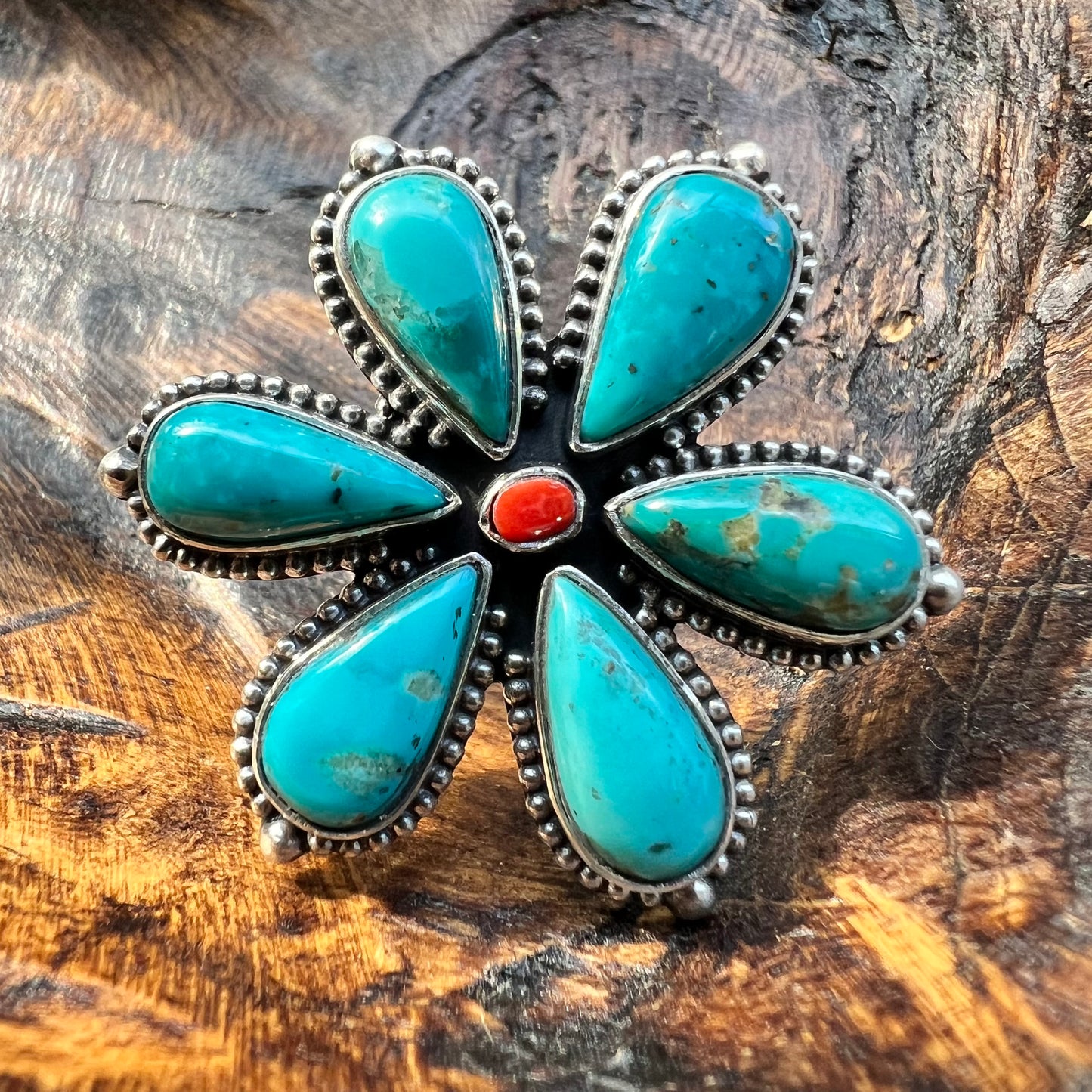 Kingman Turquoise Flower Ring with Italian Red Coral Center | Sterling Silver Statement Ring Size 9