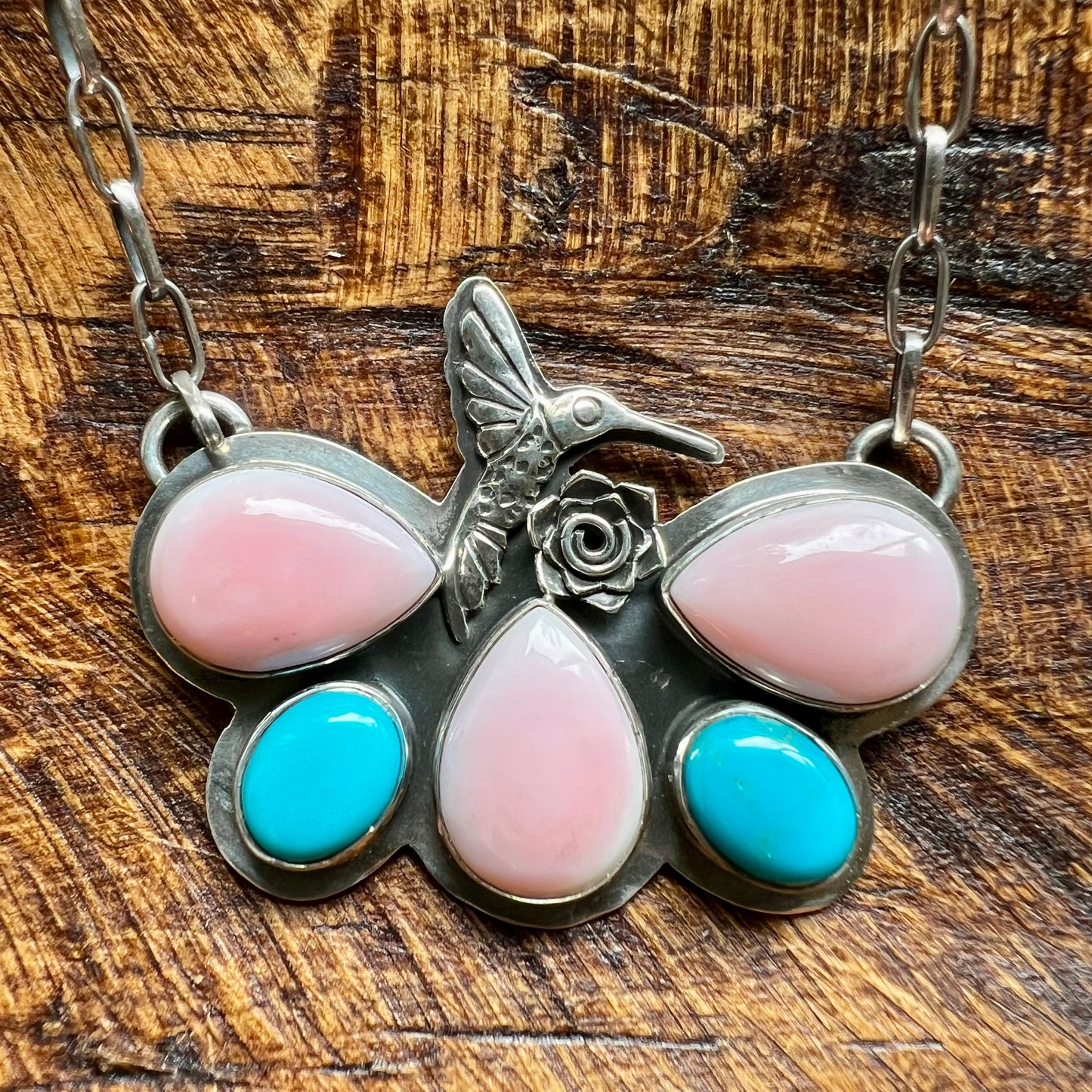 Pink Conch, Turquoise & Sterling Silver Hummingbird Necklace