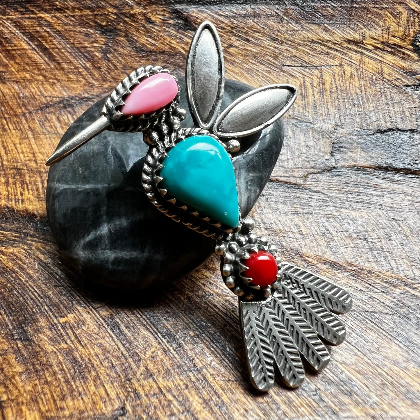 Sterling Kingman Turquoise Queen Conch Coral Hummingbird Brooch Pin
