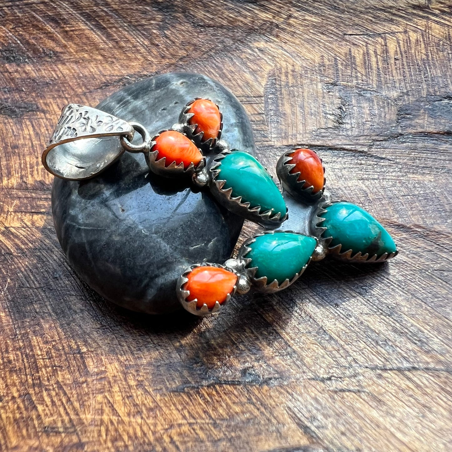 Southwestern Sterling Silver Turquoise & Spiny Oyster Cactus Pendant