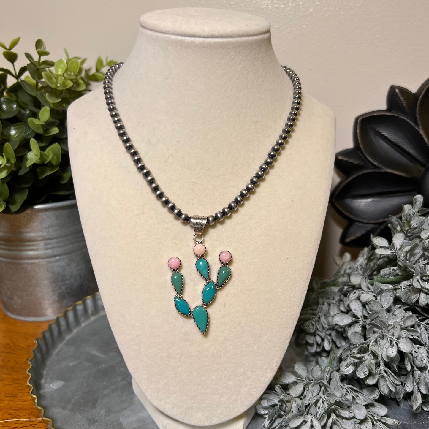 Kingman Turquoise & Queen Conch Cactus Pendant in Sterling Silver