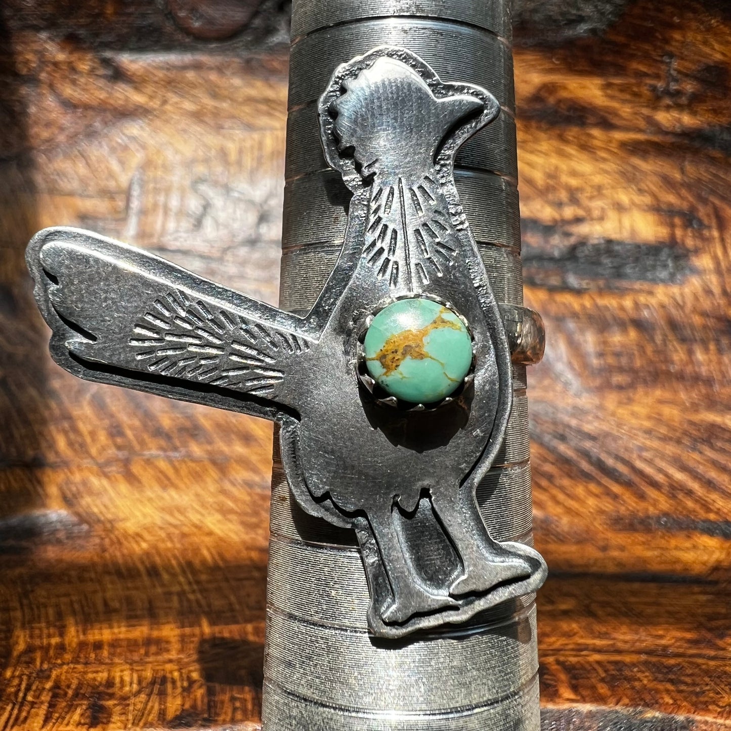 Sterling Silver Kingman Turquoise Roadrunner Ring – Handmade Southwestern Statement Size 9