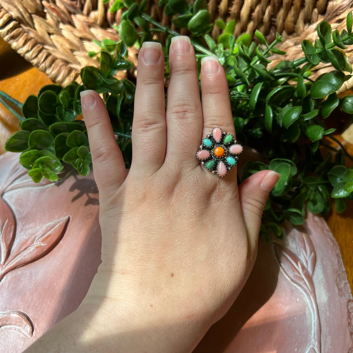 Sterling Silver Kingman Turquoise, Spiny Oyster & Queen Conch Cluster Ring – Size 10 Adjustable