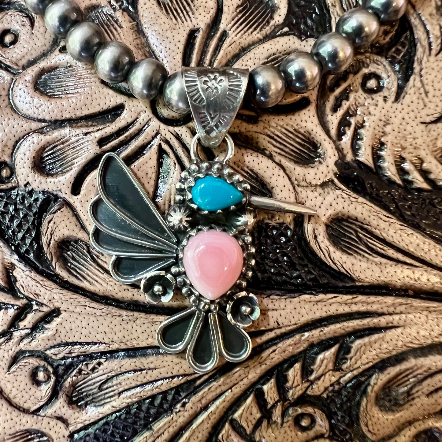 Pink Conch & Kingman Turquoise Hummingbird Sterling Silver Pendant