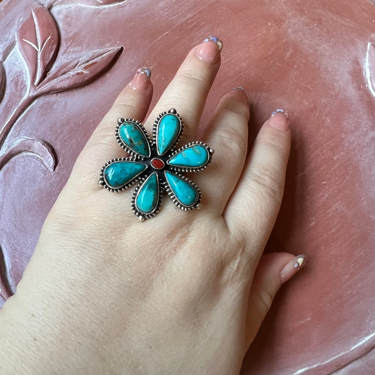 Kingman Turquoise Flower Ring with Italian Red Coral Center | Sterling Silver Statement Ring Size 9