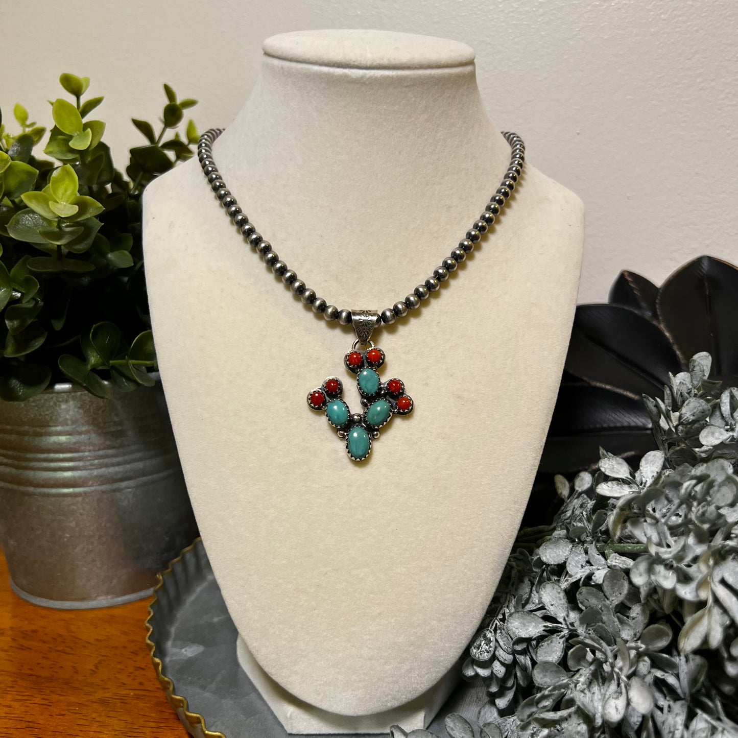 Kingman Turquoise & Coral Cactus Sterling Silver Pendant