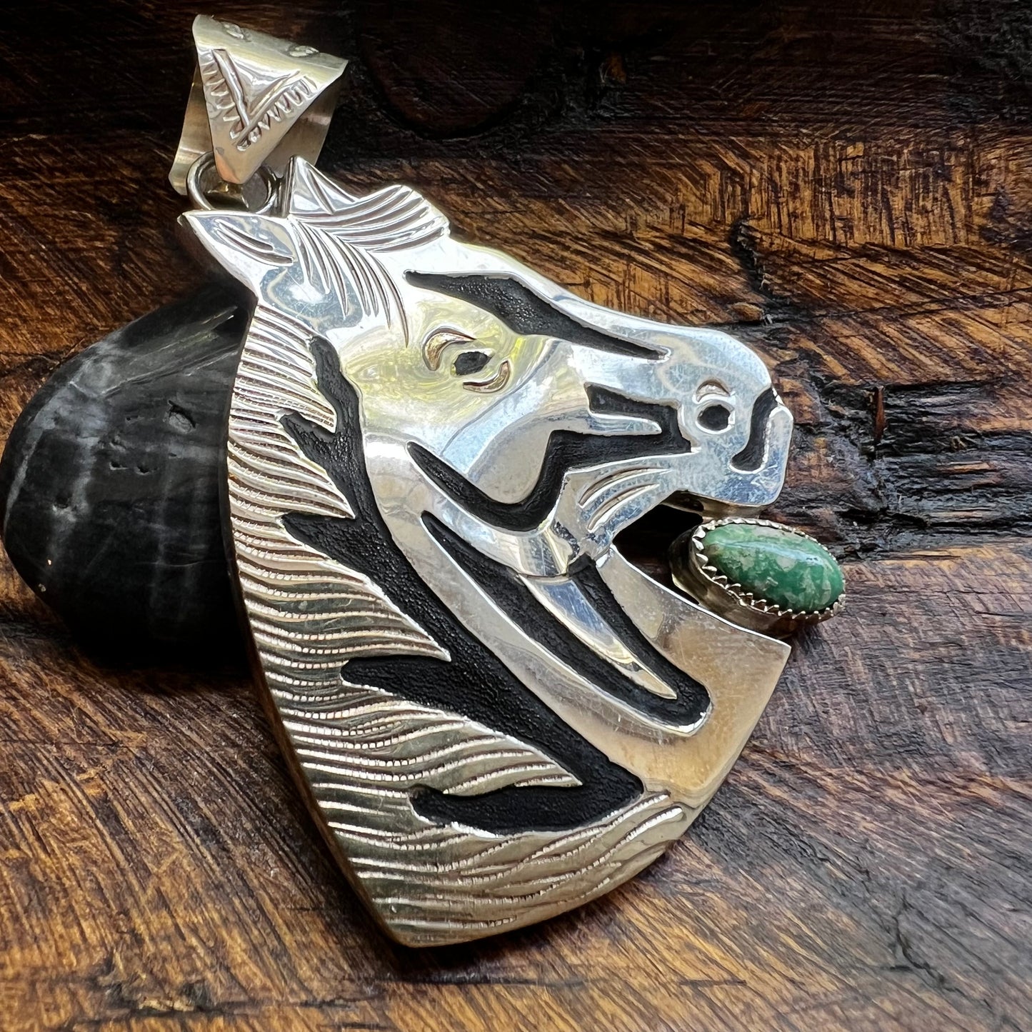 Alonzo Mariano Navajo Sterling Silver Horse Kingman Turquoise Pendant Signed