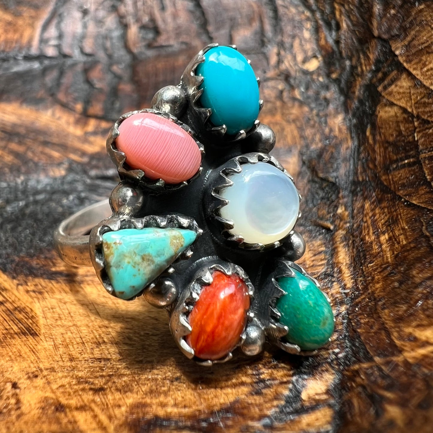 Sterling Silver Kingman Turquoise Spiny Oyster Conch Multi Stone Ring Sz 9 (Adjustable)