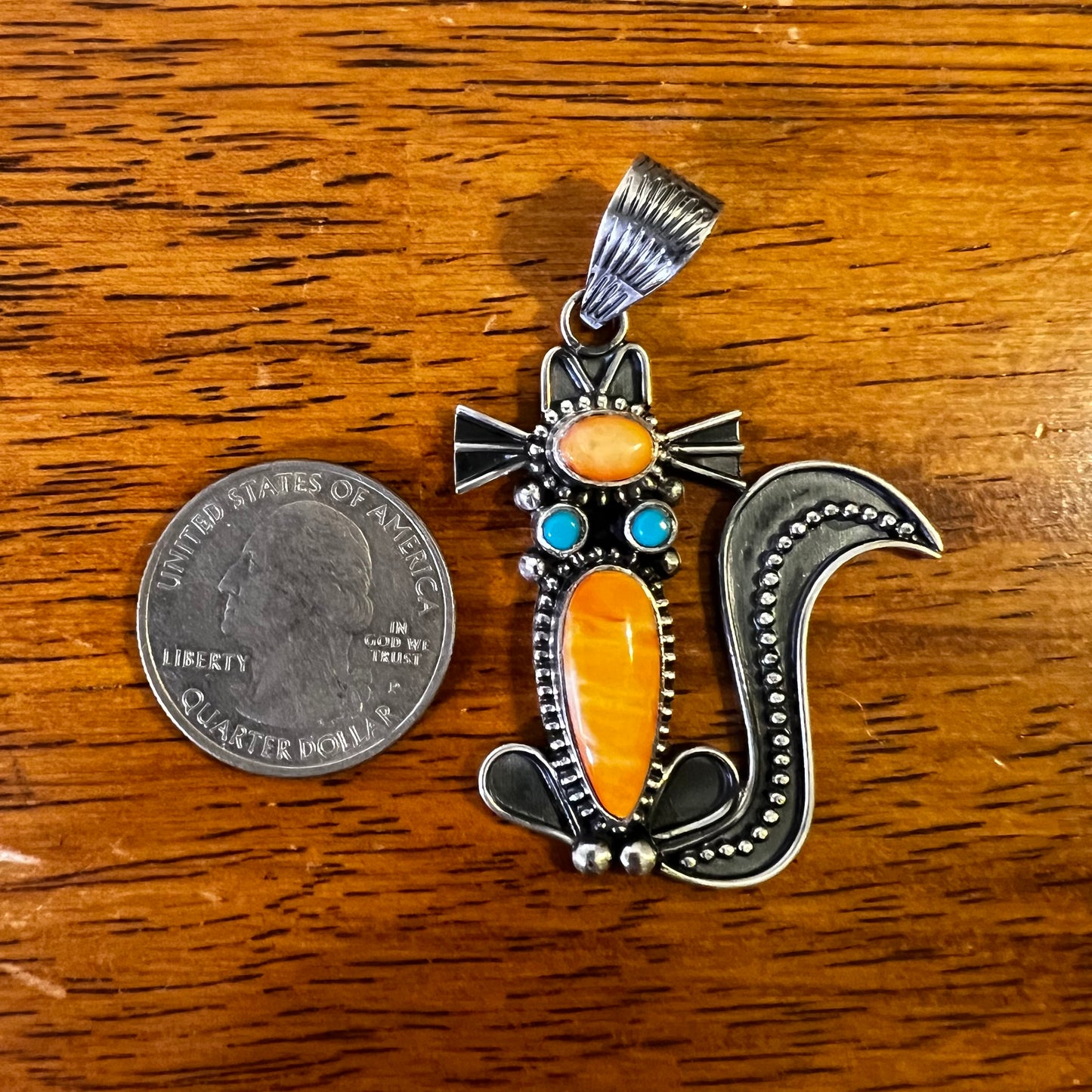 Handcrafted Sterling Silver Spiny Oyster & Kingman Turquoise Cat Pendant