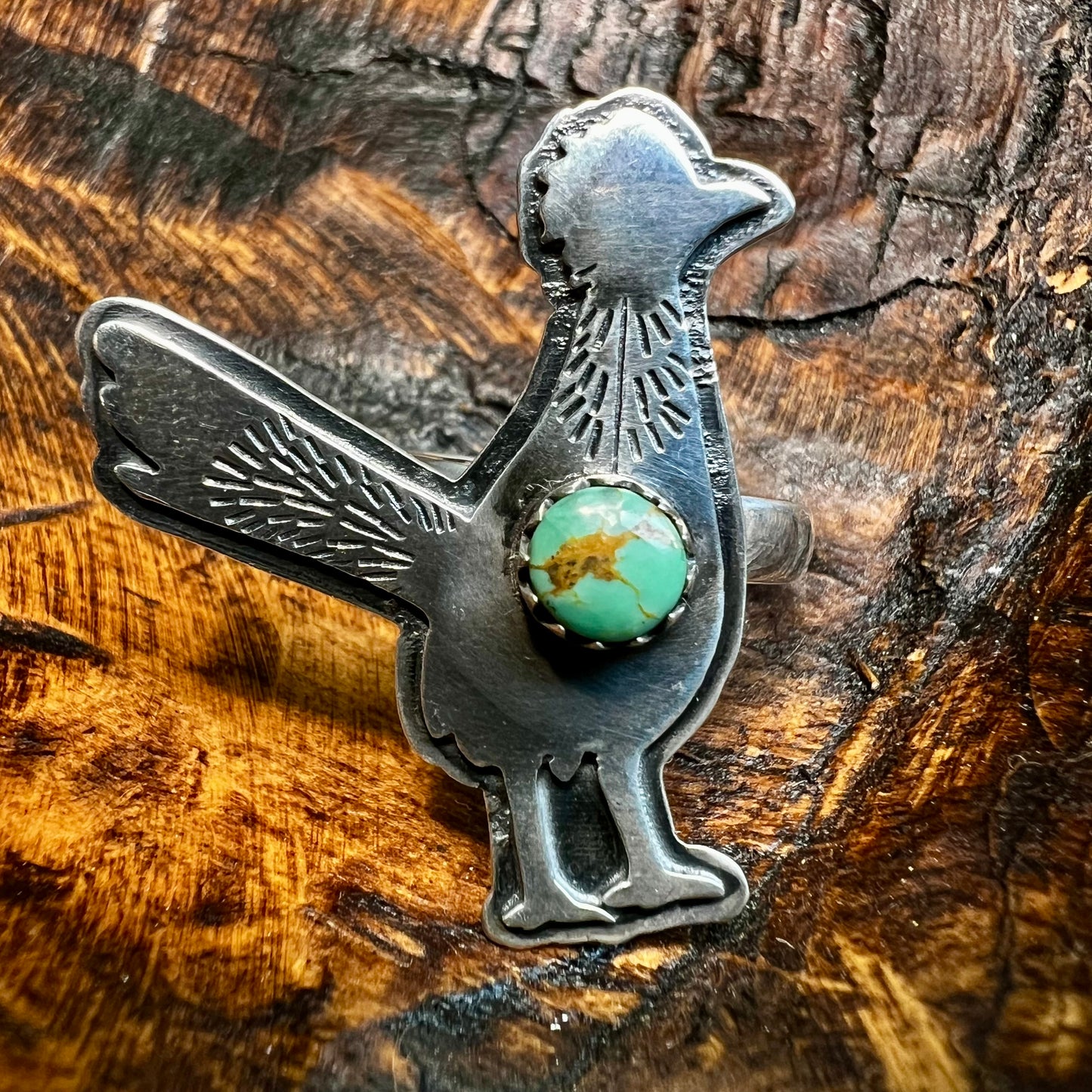 Sterling Silver Kingman Turquoise Roadrunner Ring – Handmade Southwestern Statement Size 9