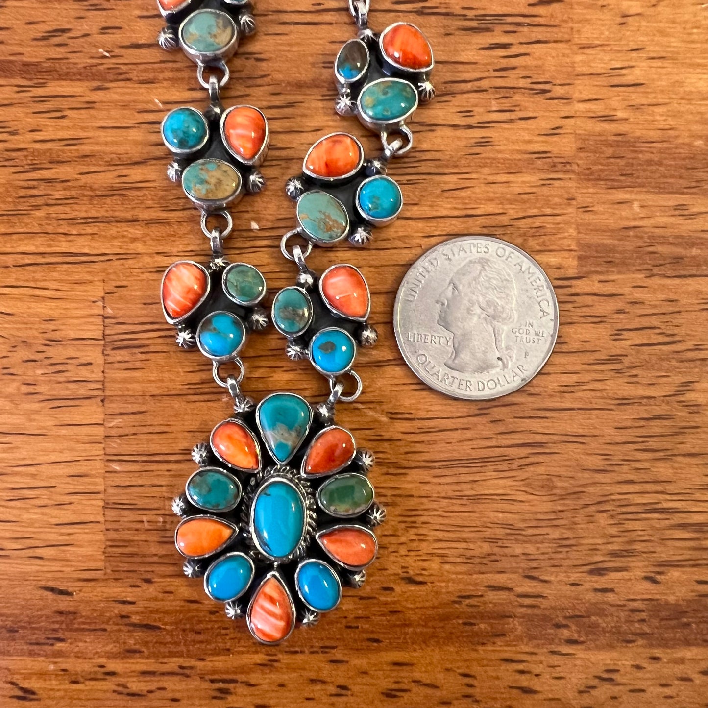 Collector’s Kingman Turquoise & Spiny Oyster Cluster Necklace – 29 Stone Statement