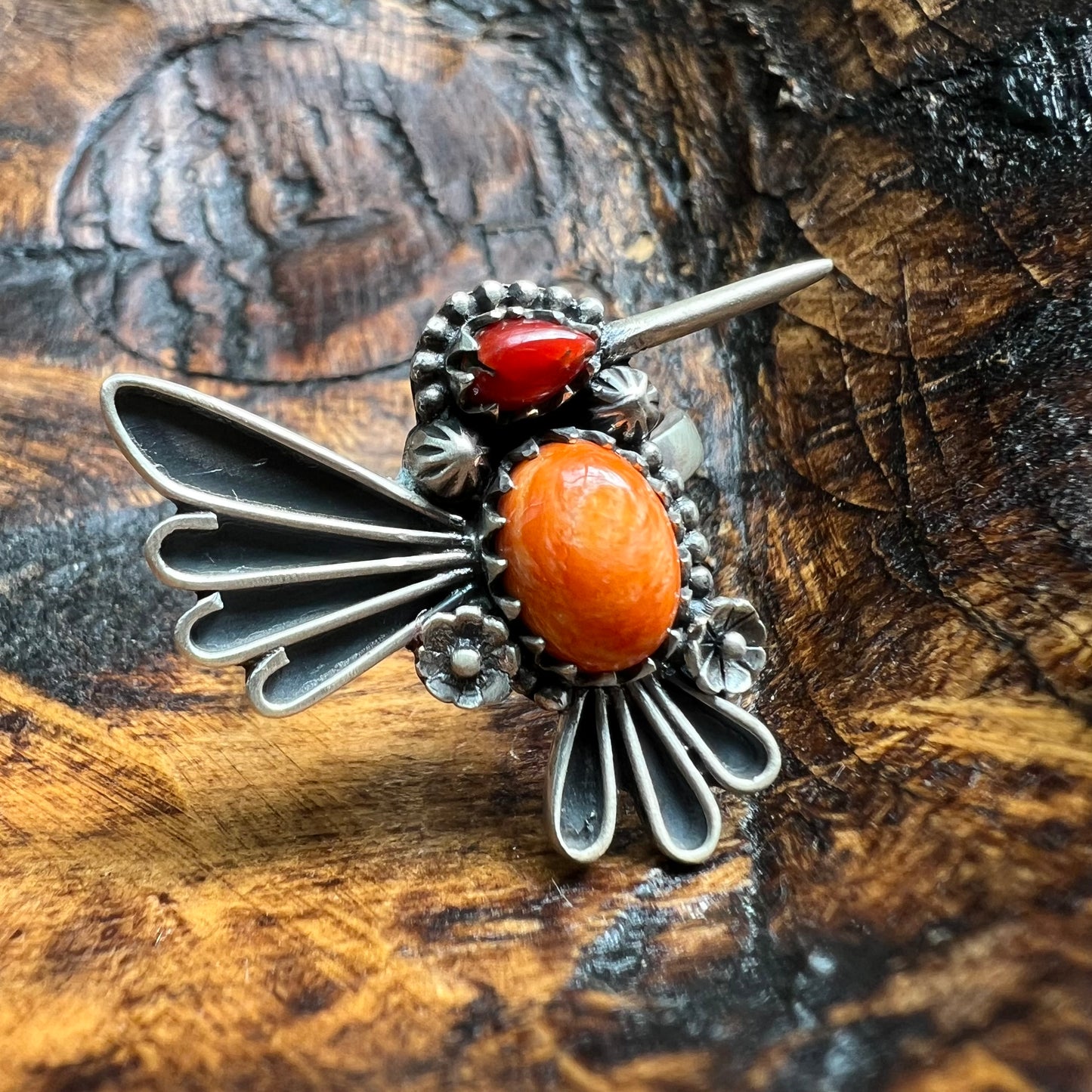Sterling Silver Spiny Oyster Italian Red Coral Hummingbird Adjustable Ring