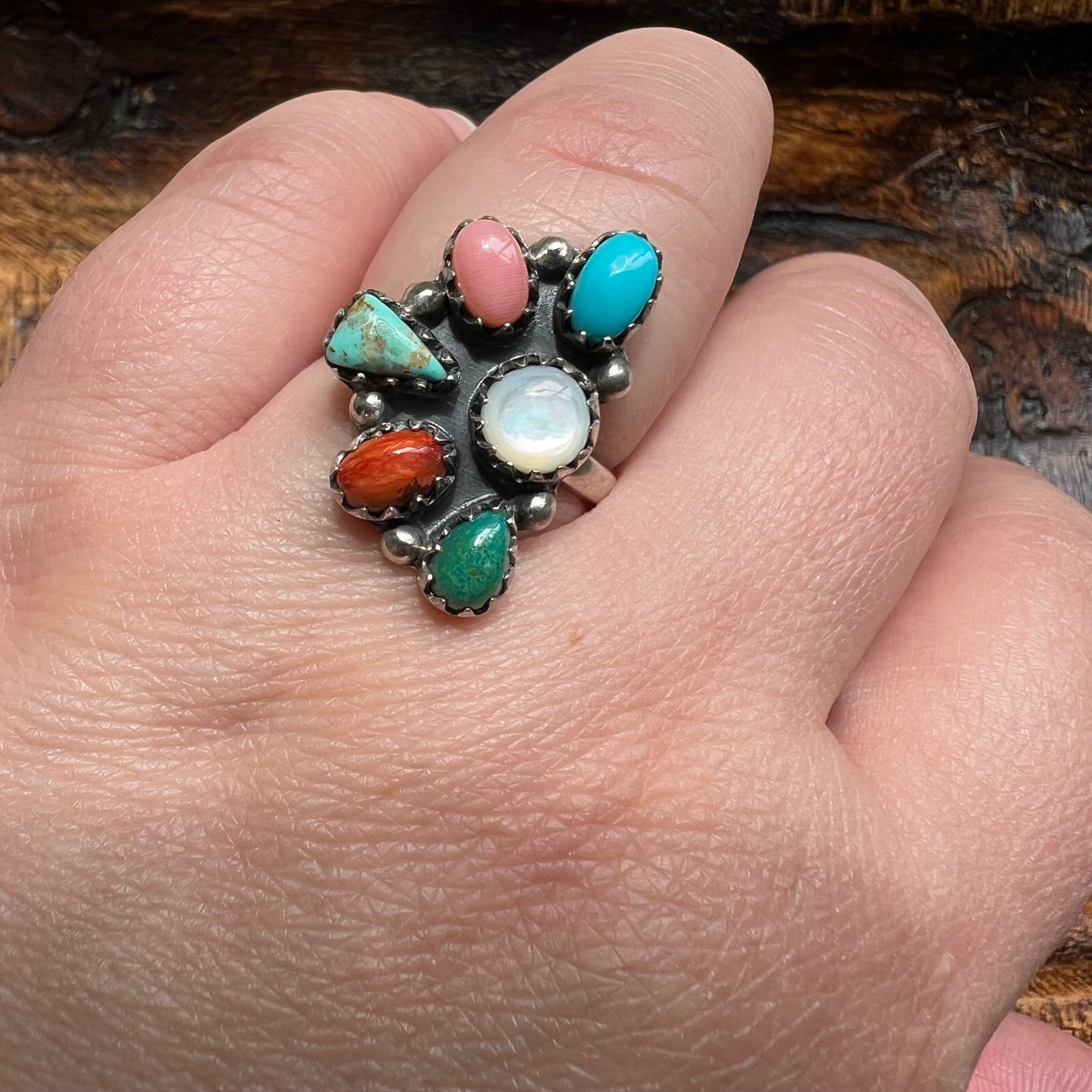 Sterling Silver Kingman Turquoise Spiny Oyster Conch Multi Stone Ring Sz 9 (Adjustable)