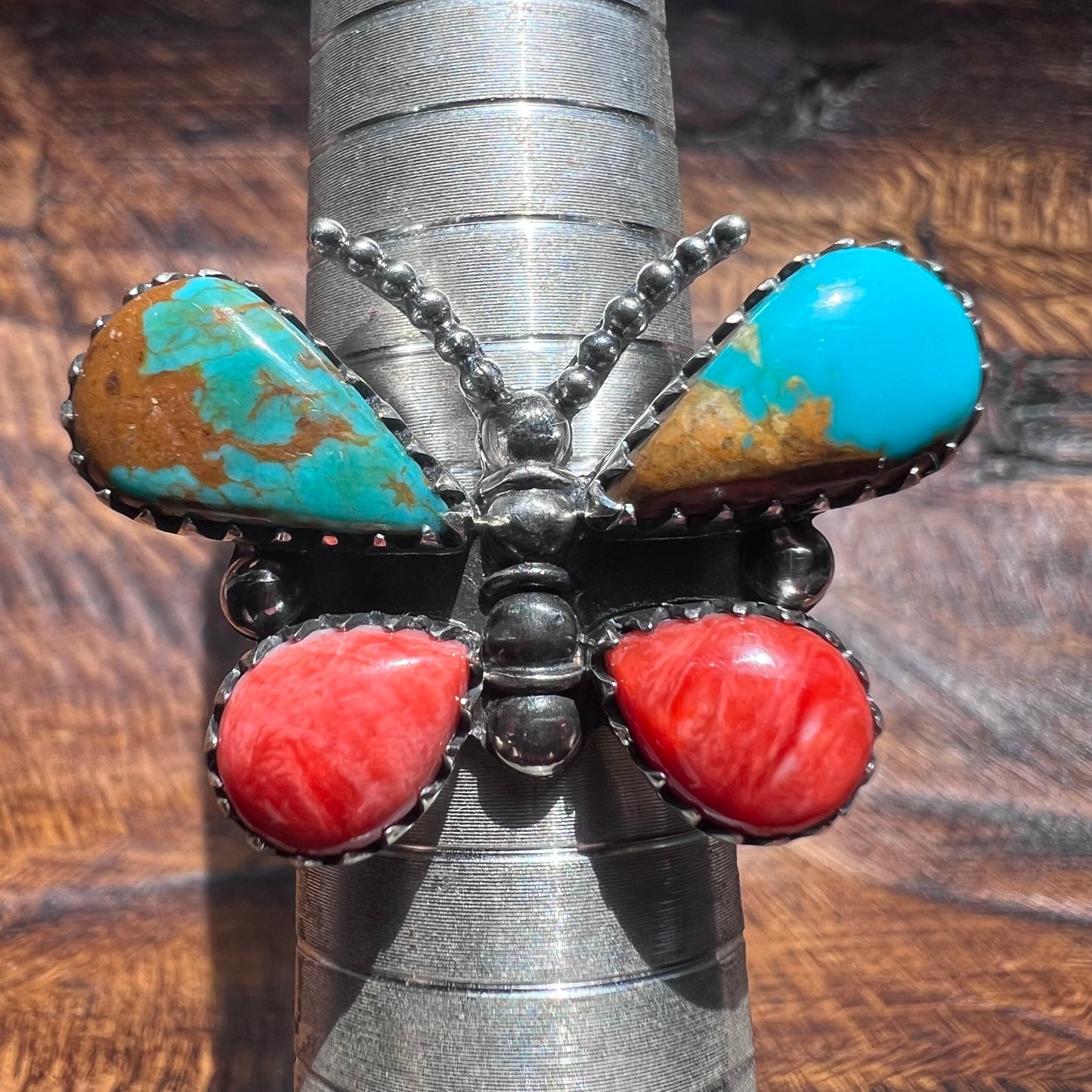 Kingman Turquoise & Spiny Oyster Butterfly Ring – Sterling Silver Statement (Size 9)
