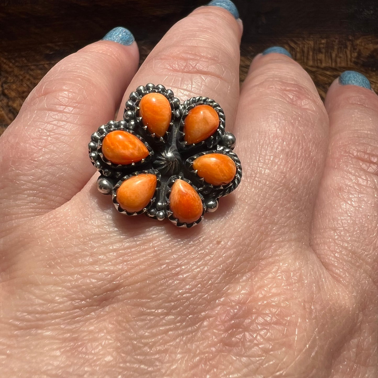 Spiny Oyster Floral Cluster Ring in Sterling Silver
