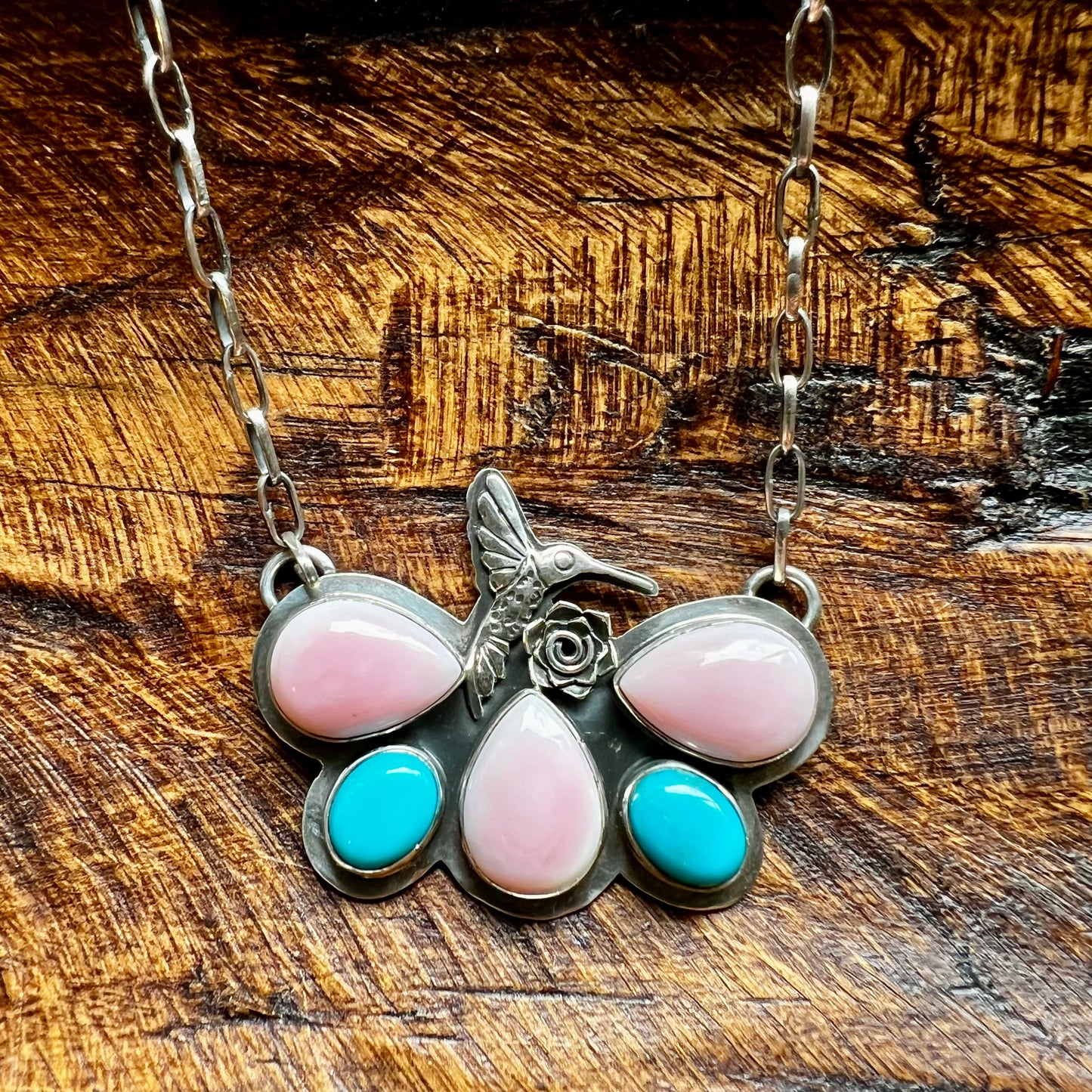Pink Conch, Turquoise & Sterling Silver Hummingbird Necklace