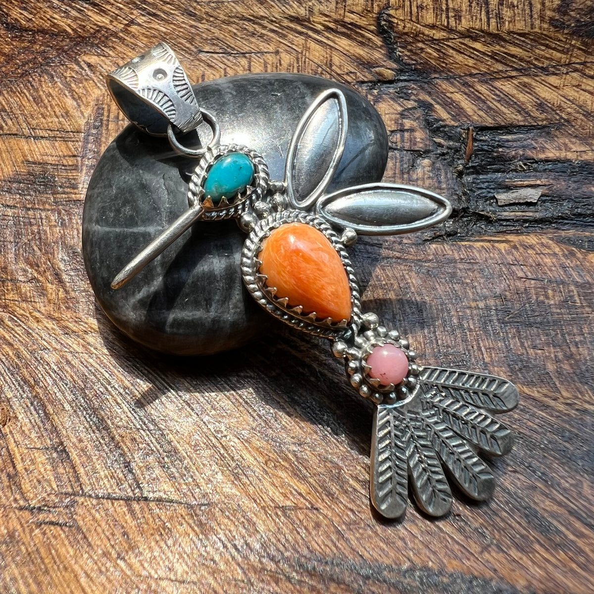 Sterling Silver Multi-Stone Hummingbird Pendant | Turquoise or Spiny Oyster