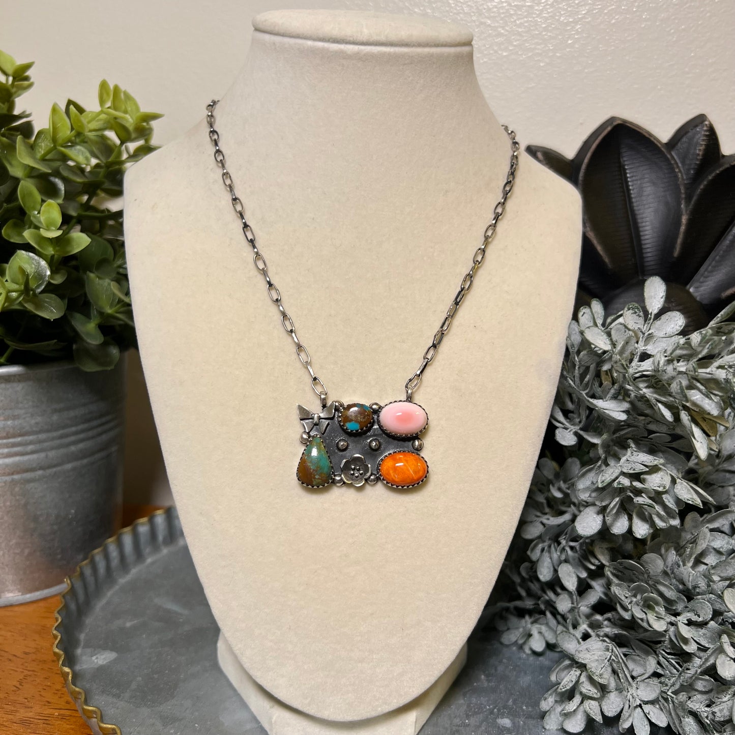 Sterling Silver Multistone Turquoise Bar Necklace
