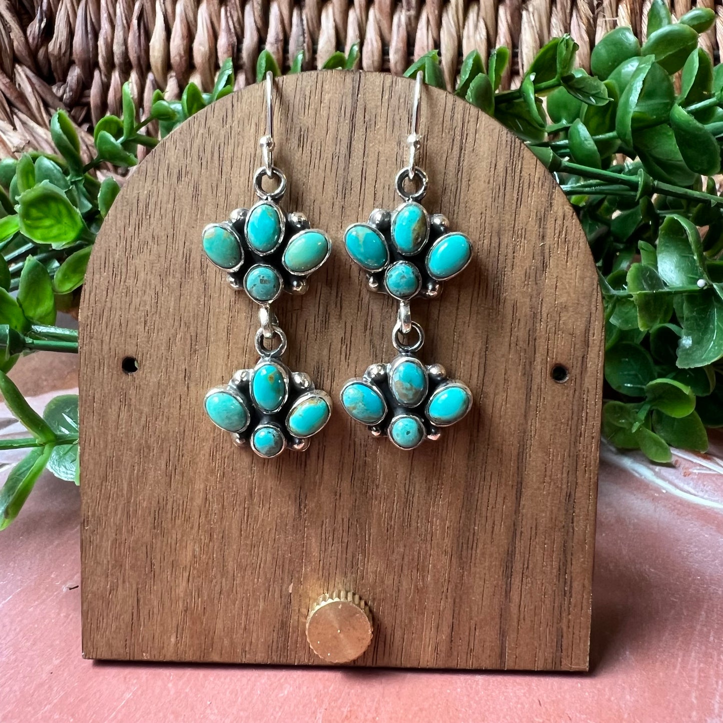 Kingman Turquoise Cluster Dangle Earrings in Sterling Silver