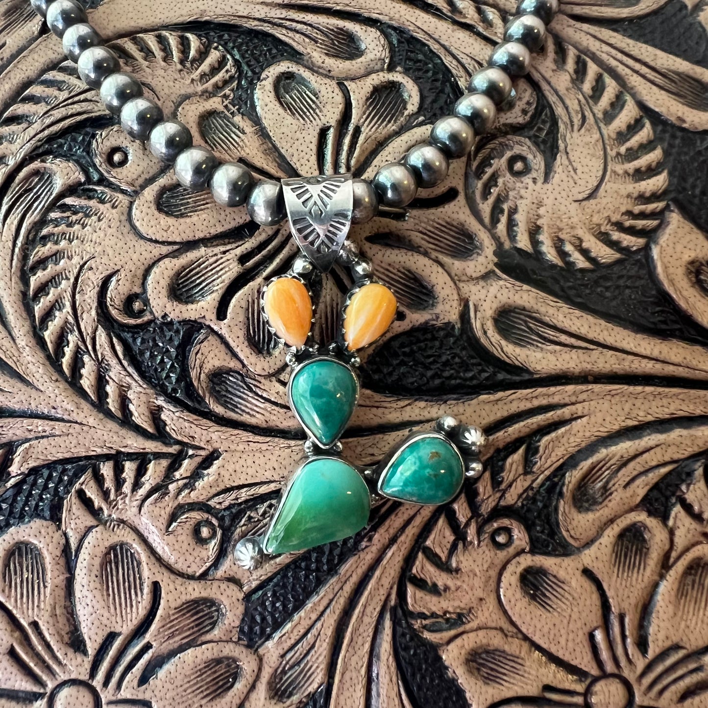 Kingman Turquoise & Spiny Oyster Cactus Pendant in Sterling Silver