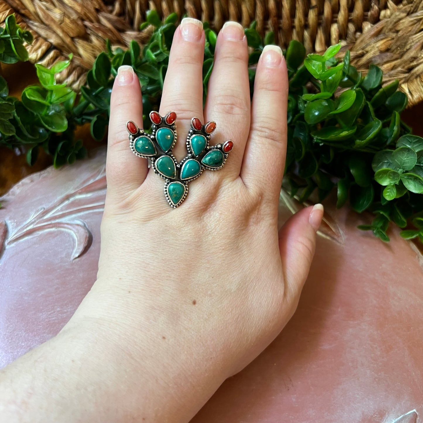 Sterling Kingman Turquoise Red Coral Cactus Ring Size 8 Statement Ring
