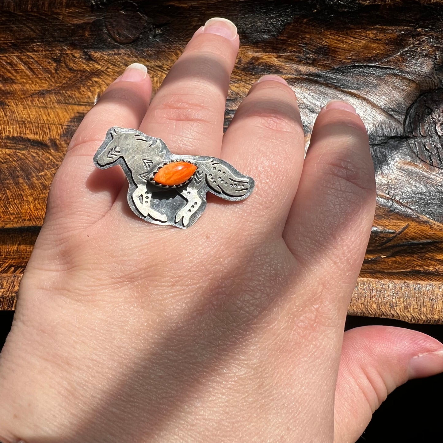 Sterling Silver Spiny Oyster Running Horse Ring Size 8 Adjustable