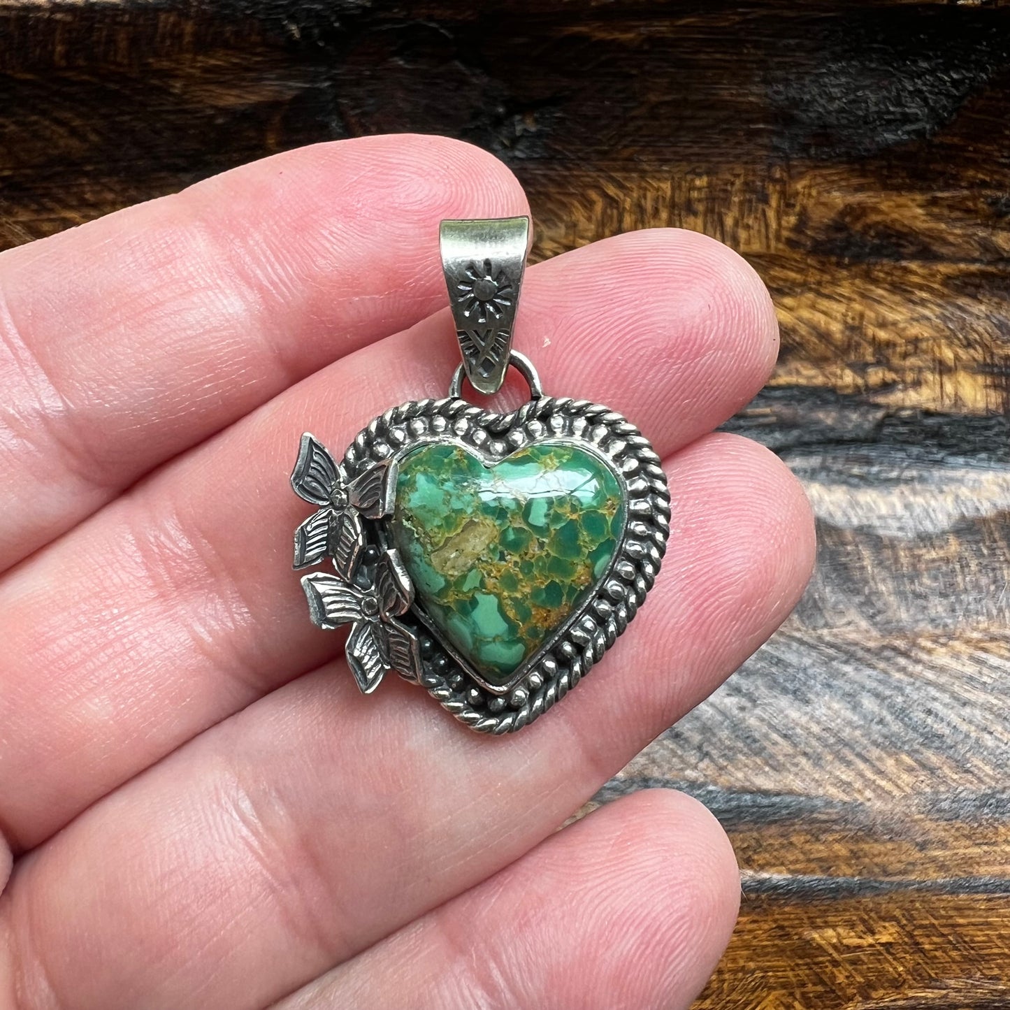 Heart Butterfly Pendant
Handcrafted Sterling Silver & Green Kingman Turquoise