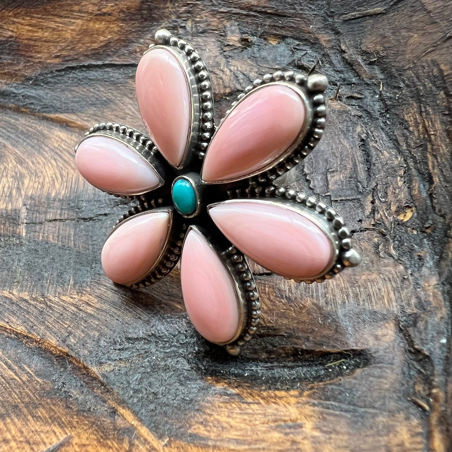 Queen Conch & Kingman Turquoise Flower Ring – Sterling Silver Statement | Size 8.5
