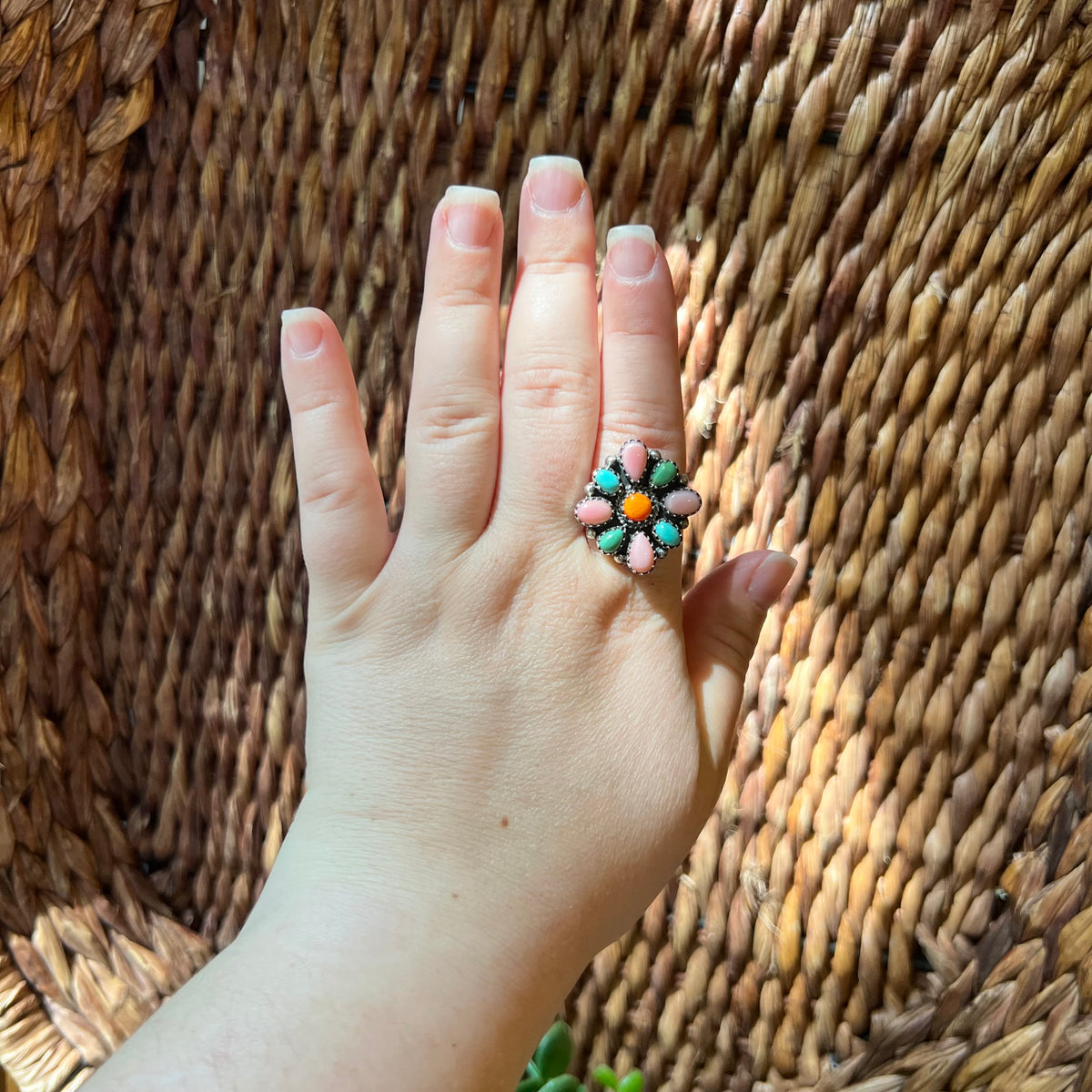 Sterling Silver Kingman Turquoise, Spiny Oyster & Queen Conch Cluster Ring – Size 10 Adjustable