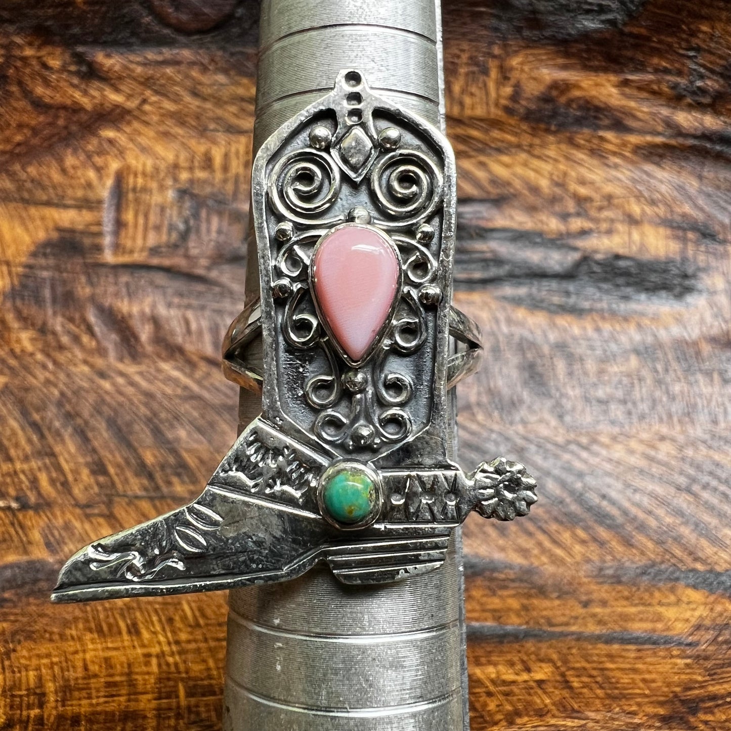 Sterling Silver Pink Conch Cowboy Boot Ring with Kingman Turquoise – Size 7.5