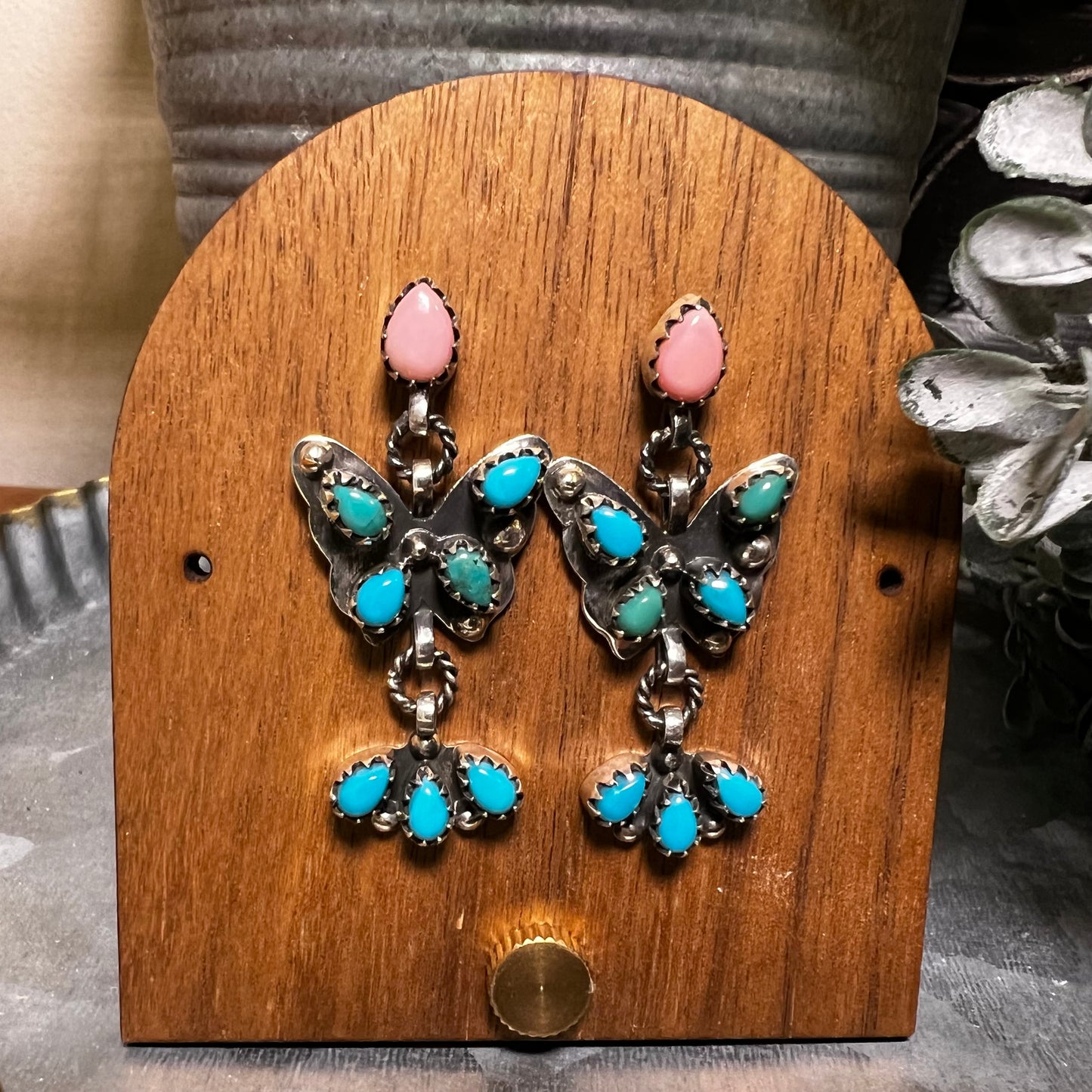 Sterling Silver Kingman Turquoise & Queen Conch Butterfly Dangle Earrings