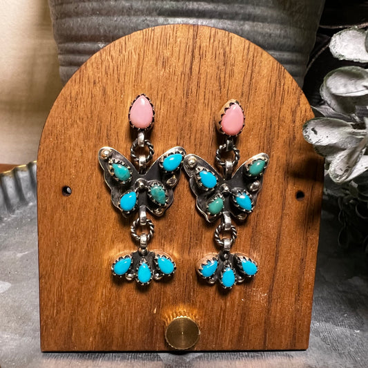 Sterling Silver Kingman Turquoise & Queen Conch Butterfly Dangle Earrings