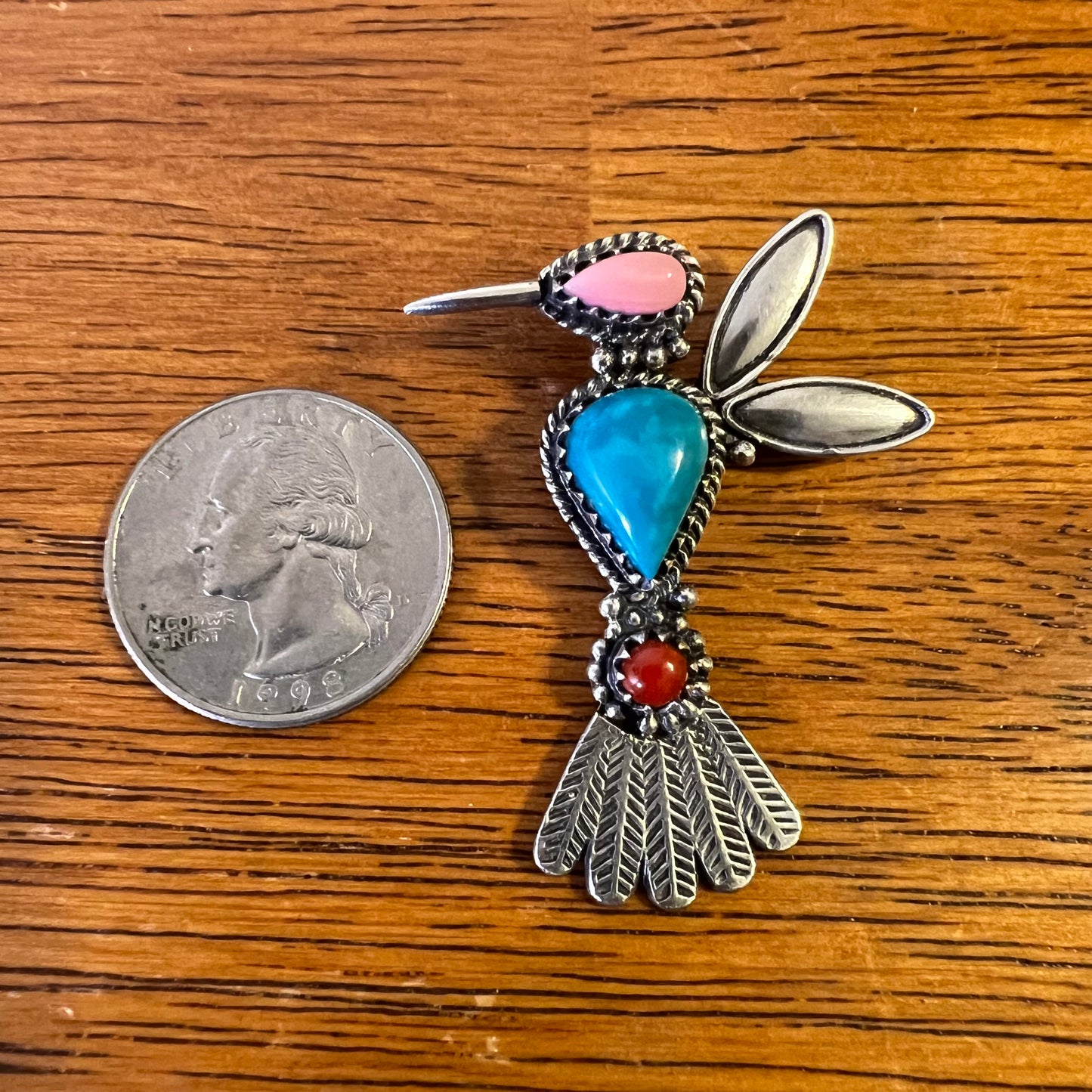 Sterling Kingman Turquoise Queen Conch Coral Hummingbird Brooch Pin