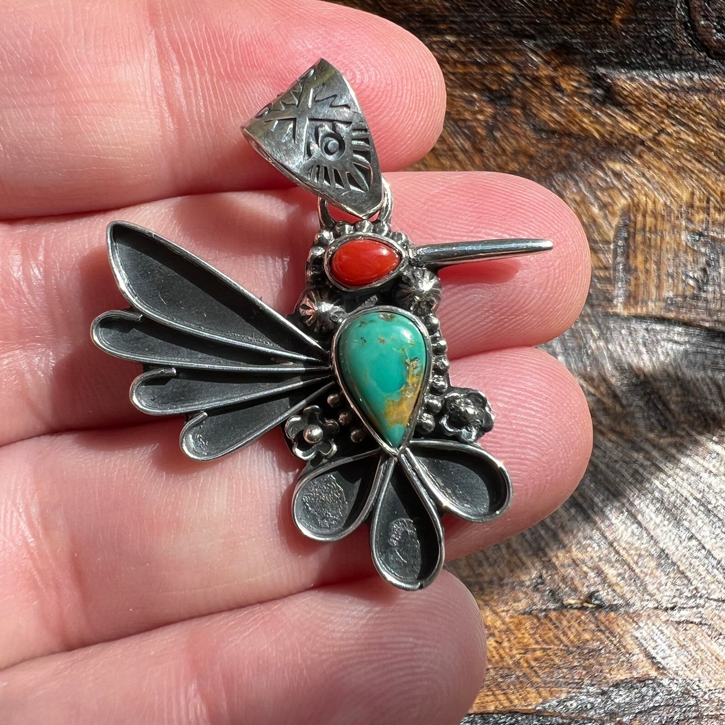 Kingman Turquoise & Italian Red Coral Hummingbird Pendant