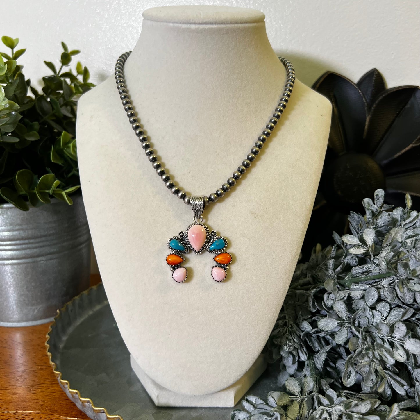 Queen Conch, Kingman Turquoise & Spiny Oyster Naja Sterling Silver Pendant