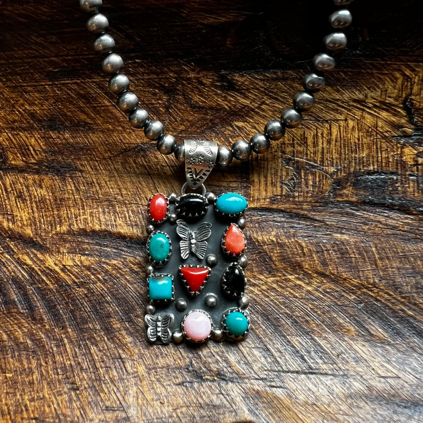 Sterling Silver Multi-Stone Butterfly Statement Pendant | Turquoise, Red Coral, Queen Conch & Black Onyx