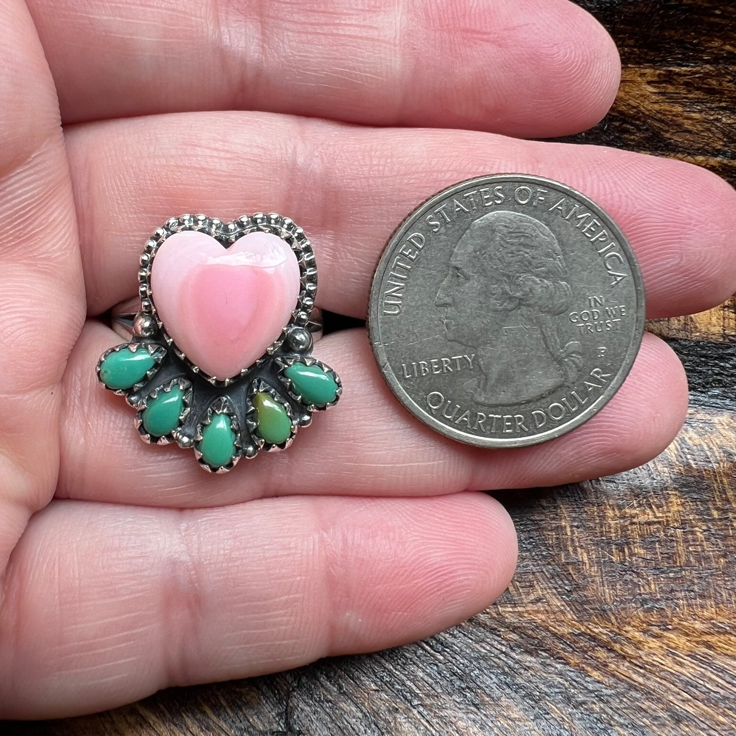 Pink Conch Heart & Kingman Turquoise Cluster Ring