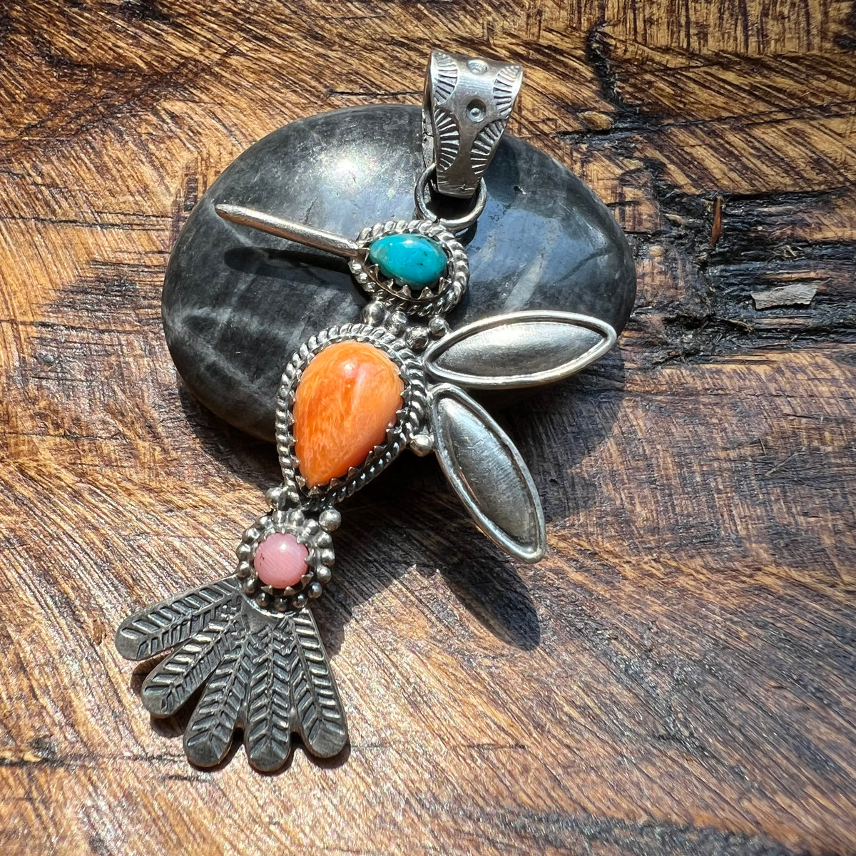 Sterling Silver Multi-Stone Hummingbird Pendant | Turquoise or Spiny Oyster