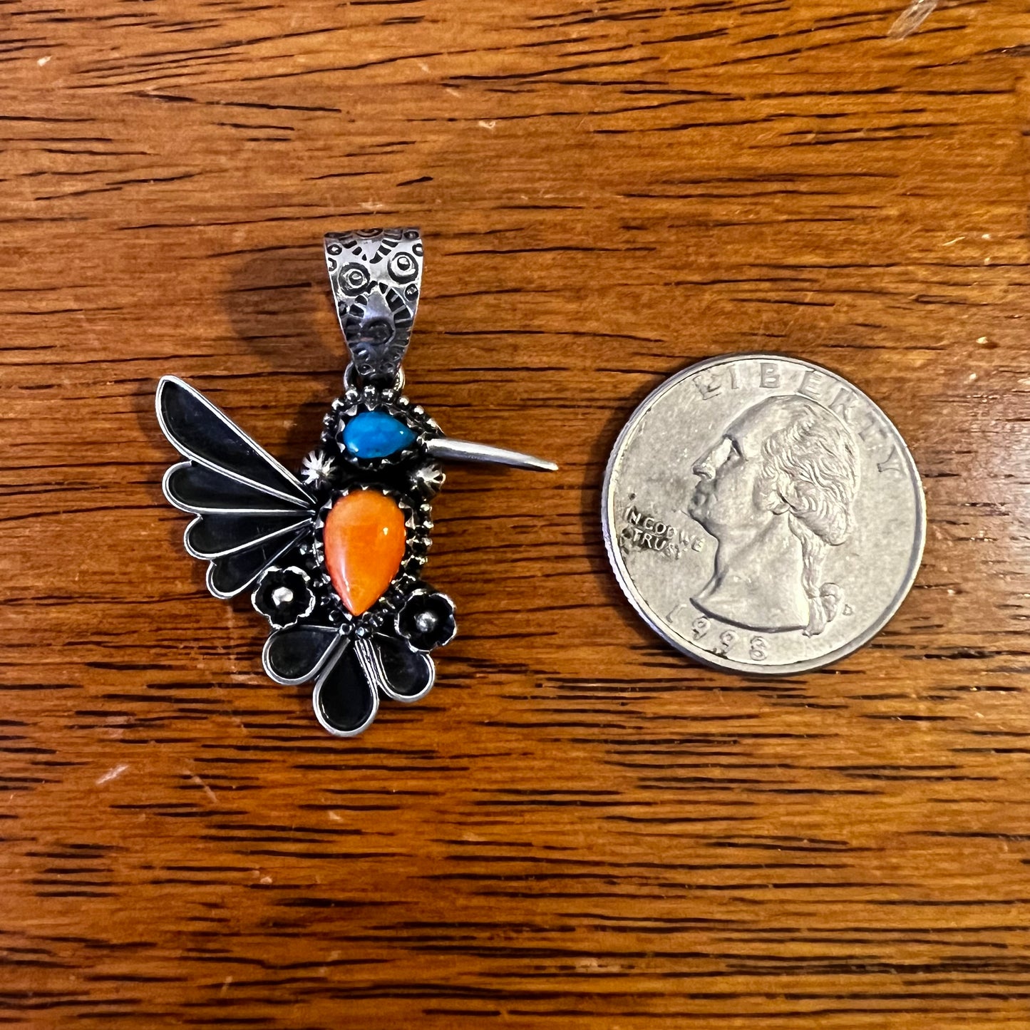 Sterling Silver Kingman Turquoise & Spiny Oyster Hummingbird Pendant