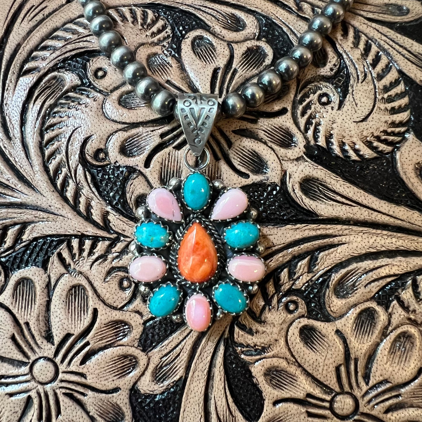 Sterling Kingman Turquoise Queen Conch Spiny Oyster Cluster Pendant