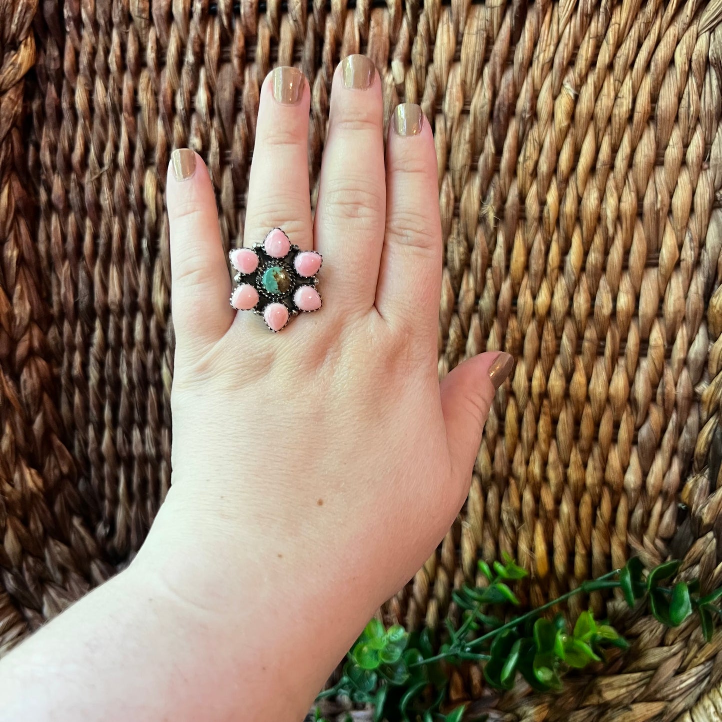 Queen Conch & Kingman Turquoise Flower Cluster Ring – Size 9.5