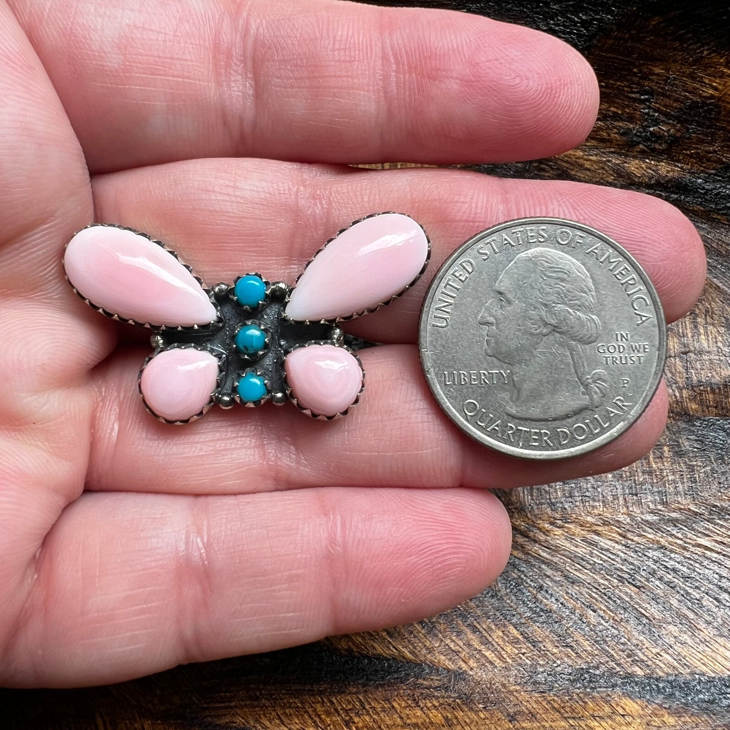 Pink Queen Conch & Kingman Turquoise Butterfly Statement Ring – Size 8